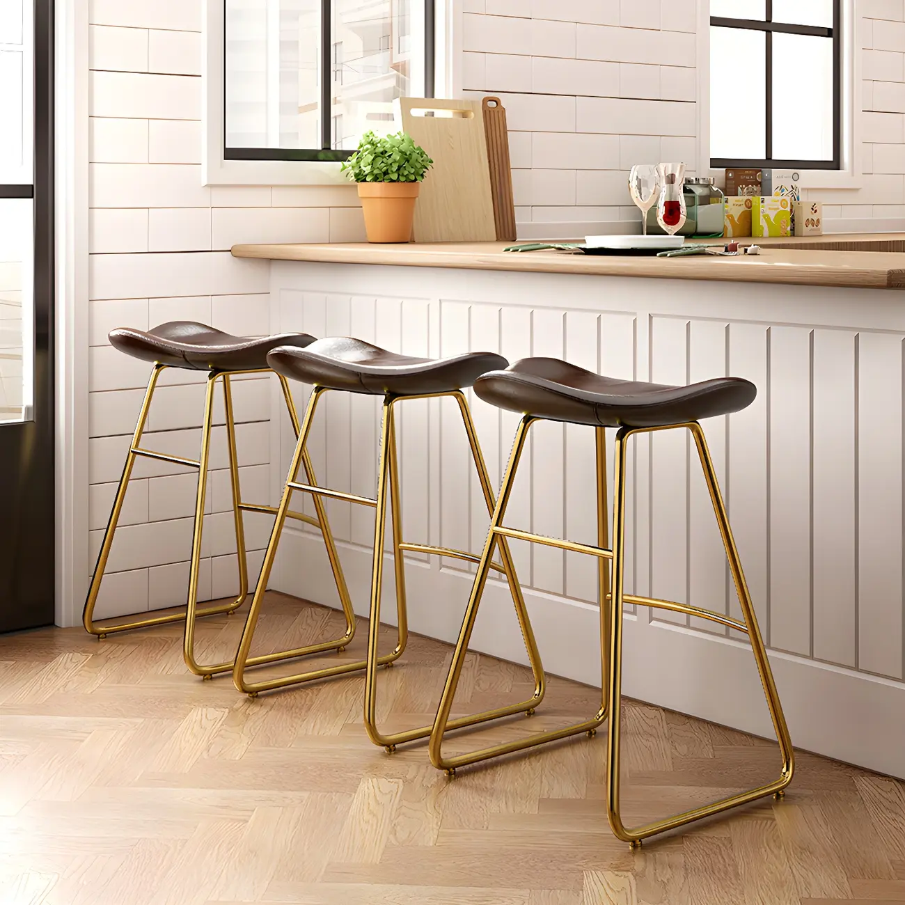 Classic Brown Leather Bar Stools with Metal Frame for Kitchen Image - 1 | homeyfad