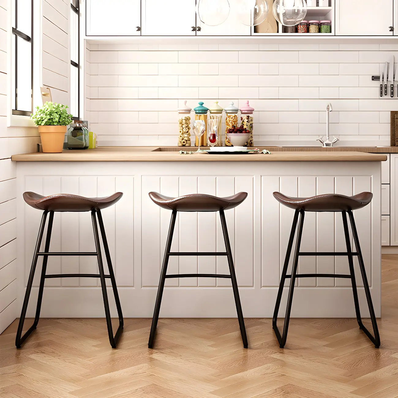 Classic Brown Leather Bar Stools with Metal Frame for Kitchen Image - 4 | homeyfad
