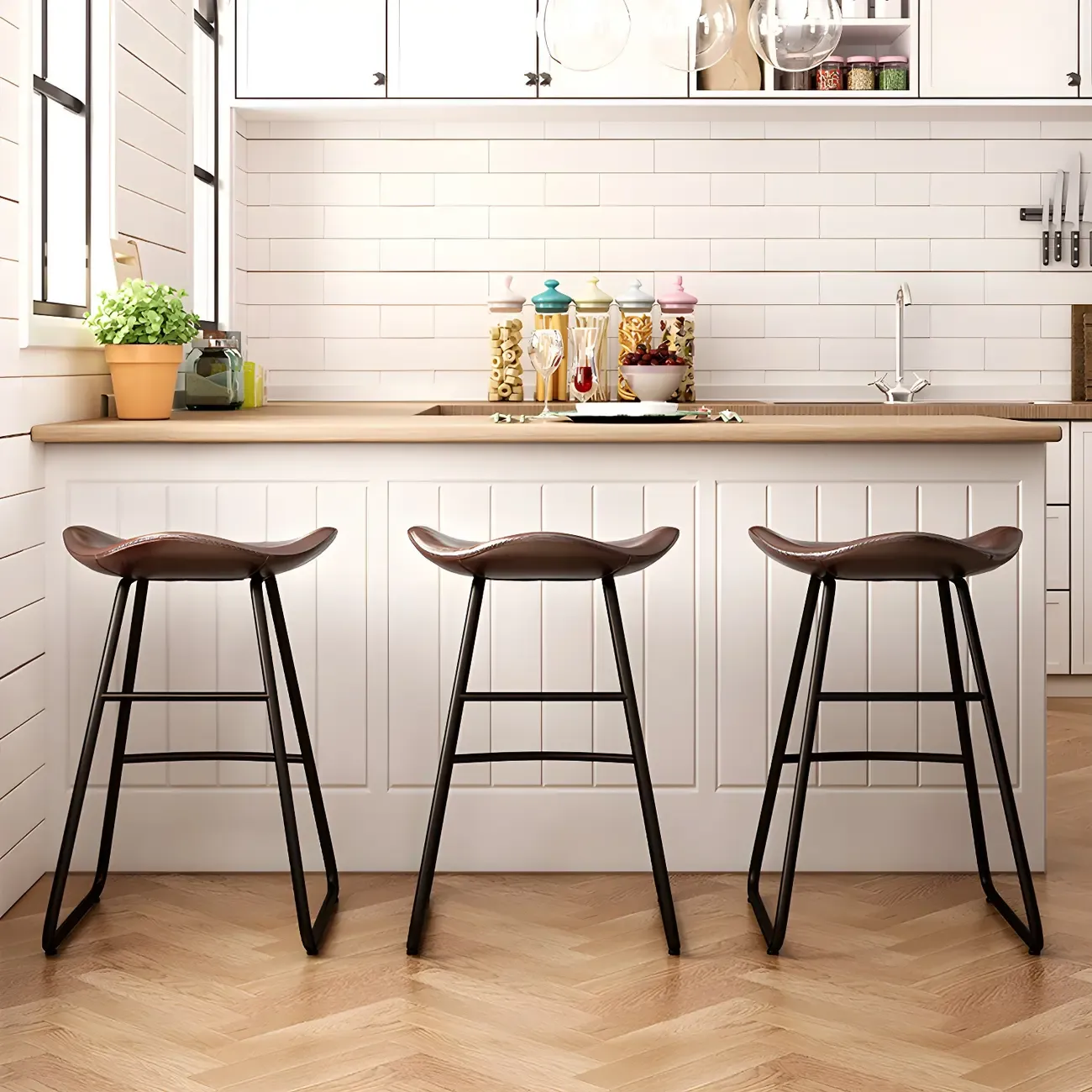Classic Brown Leather Bar Stools with Metal Frame for Kitchen Image - 4