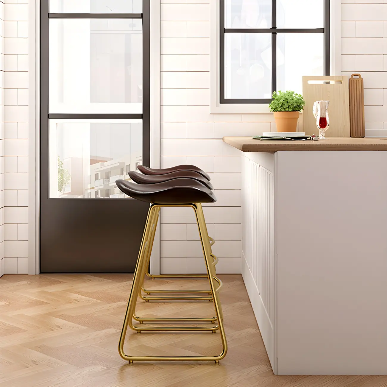 Classic Brown Leather Bar Stools with Metal Frame for Kitchen Image - 6 | homeyfad