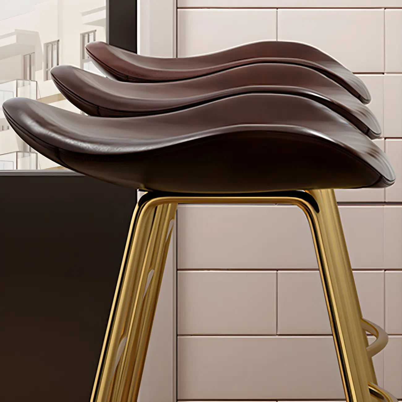 Classic Brown Leather Bar Stools with Metal Frame for Kitchen Image - 15 | homeyfad