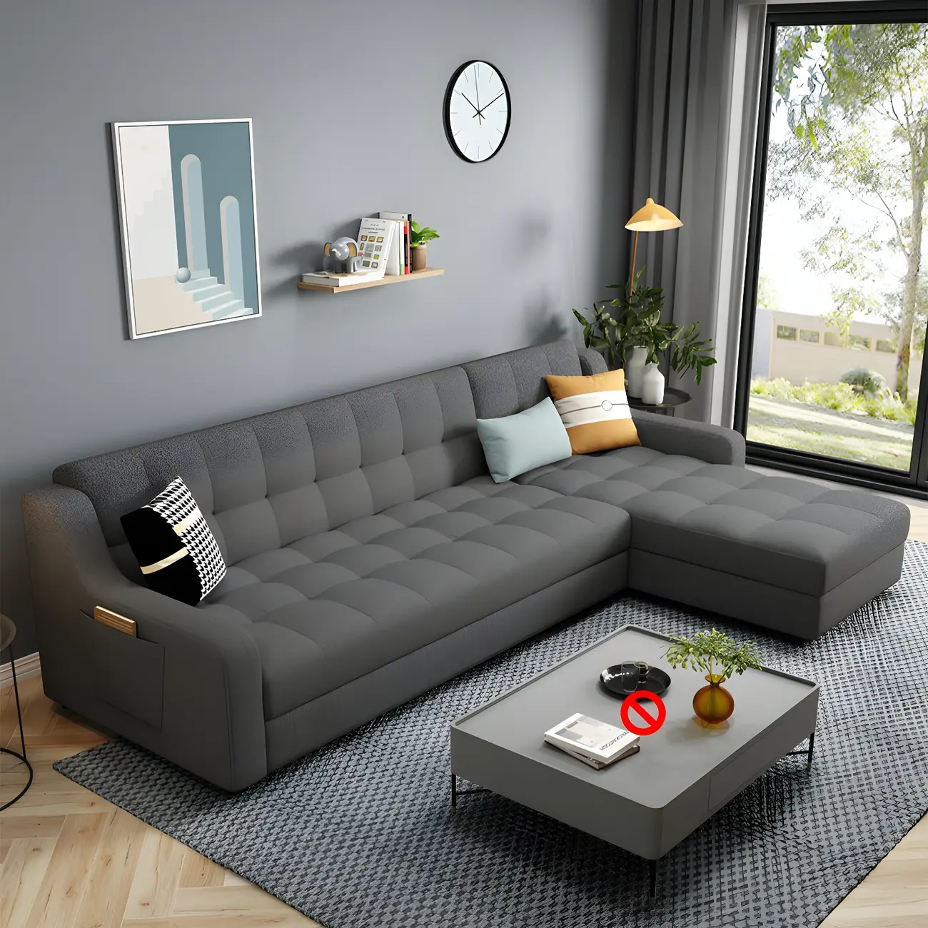 Gray Cotton and Linen Sleeper Sectional Sofa with Storage Image - 2 | homeyfad