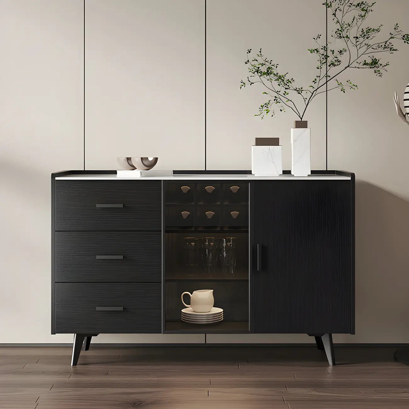 Glam Walnut Wooden Sideboard with Drawers & Cabinets Image - 2 | homeyfad