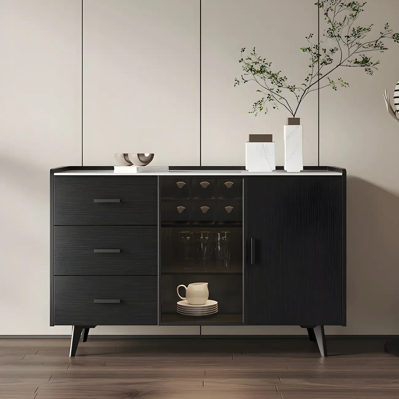 Glam Walnut Wooden Sideboard with Drawers & Cabinets Image - 2