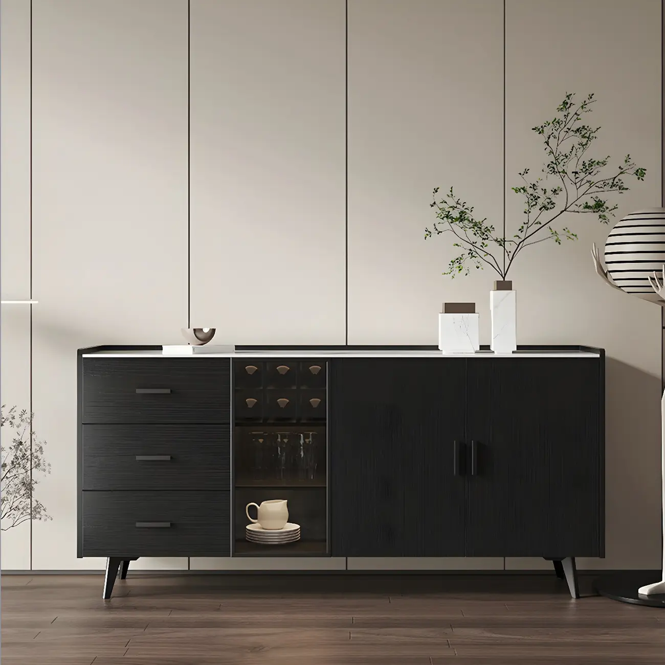 Glam Walnut Wooden Sideboard with Drawers & Cabinets Image - 3 | homeyfad