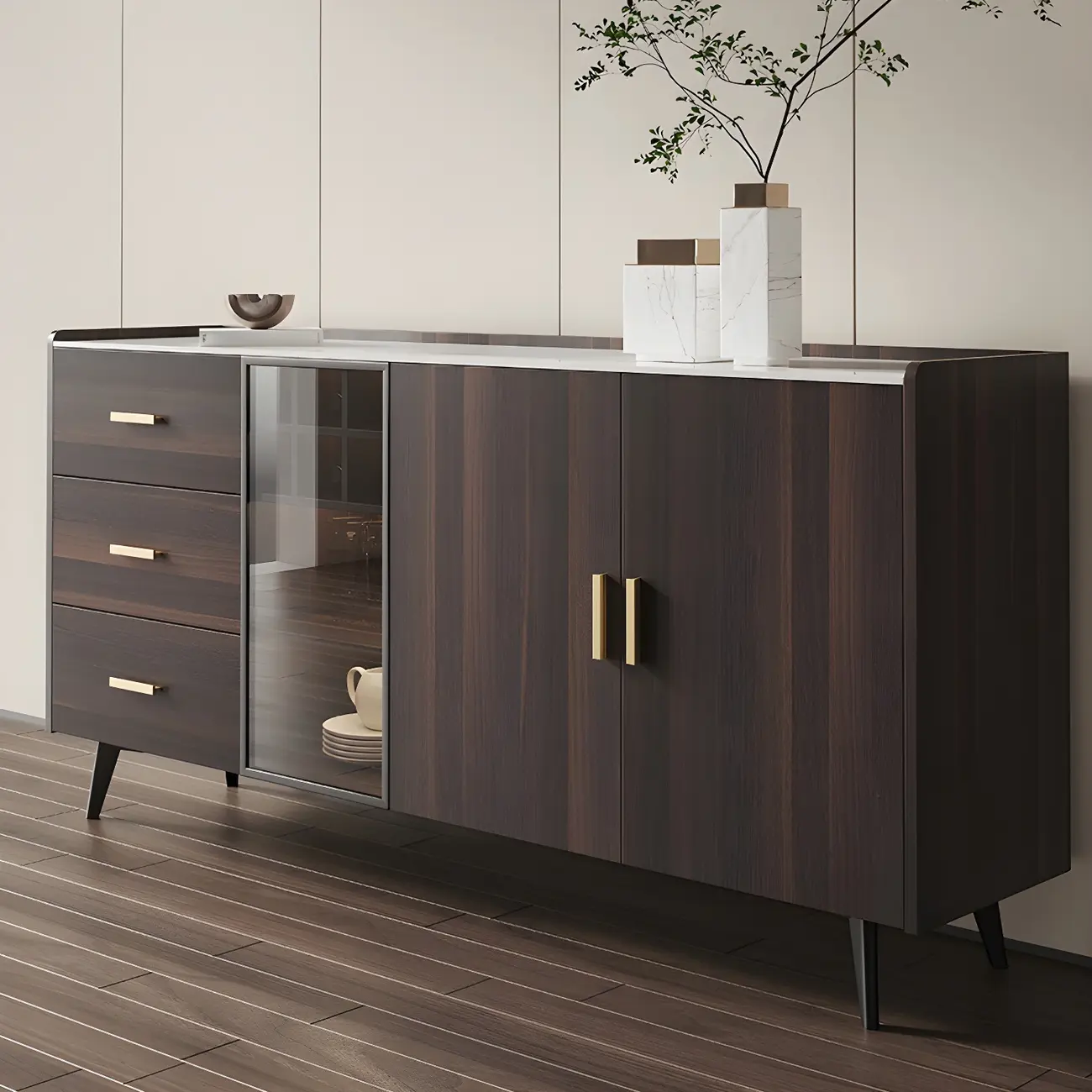 Glam Walnut Wooden Sideboard with Drawers & Cabinets Image - 4 | homeyfad