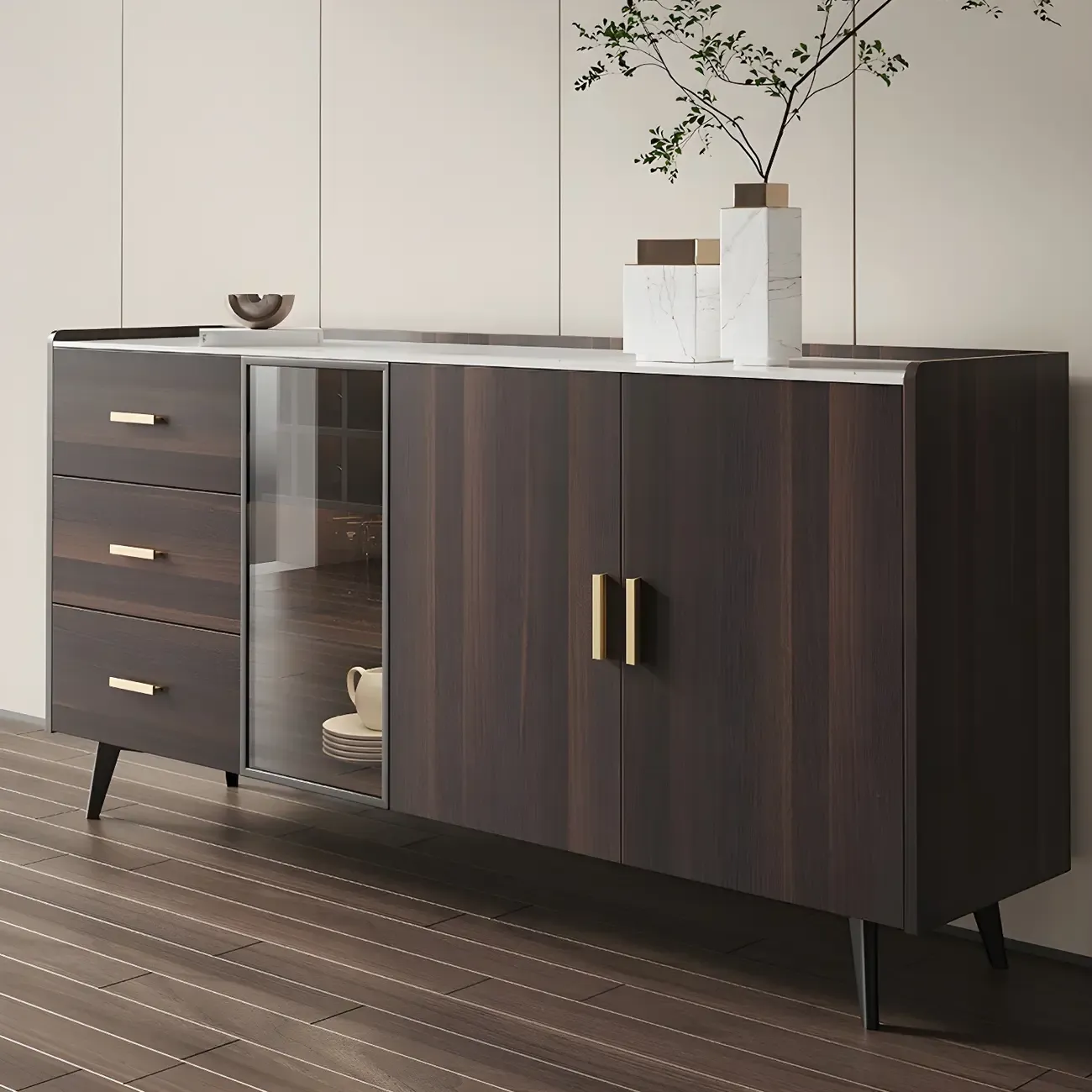 Glam Walnut Wooden Sideboard with Drawers & Cabinets Image - 4