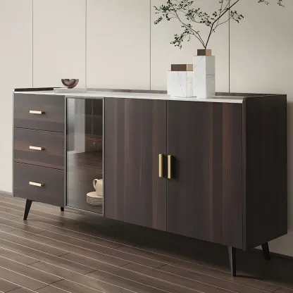 Glam Walnut Wooden Sideboard with Drawers & Cabinets Image - 4