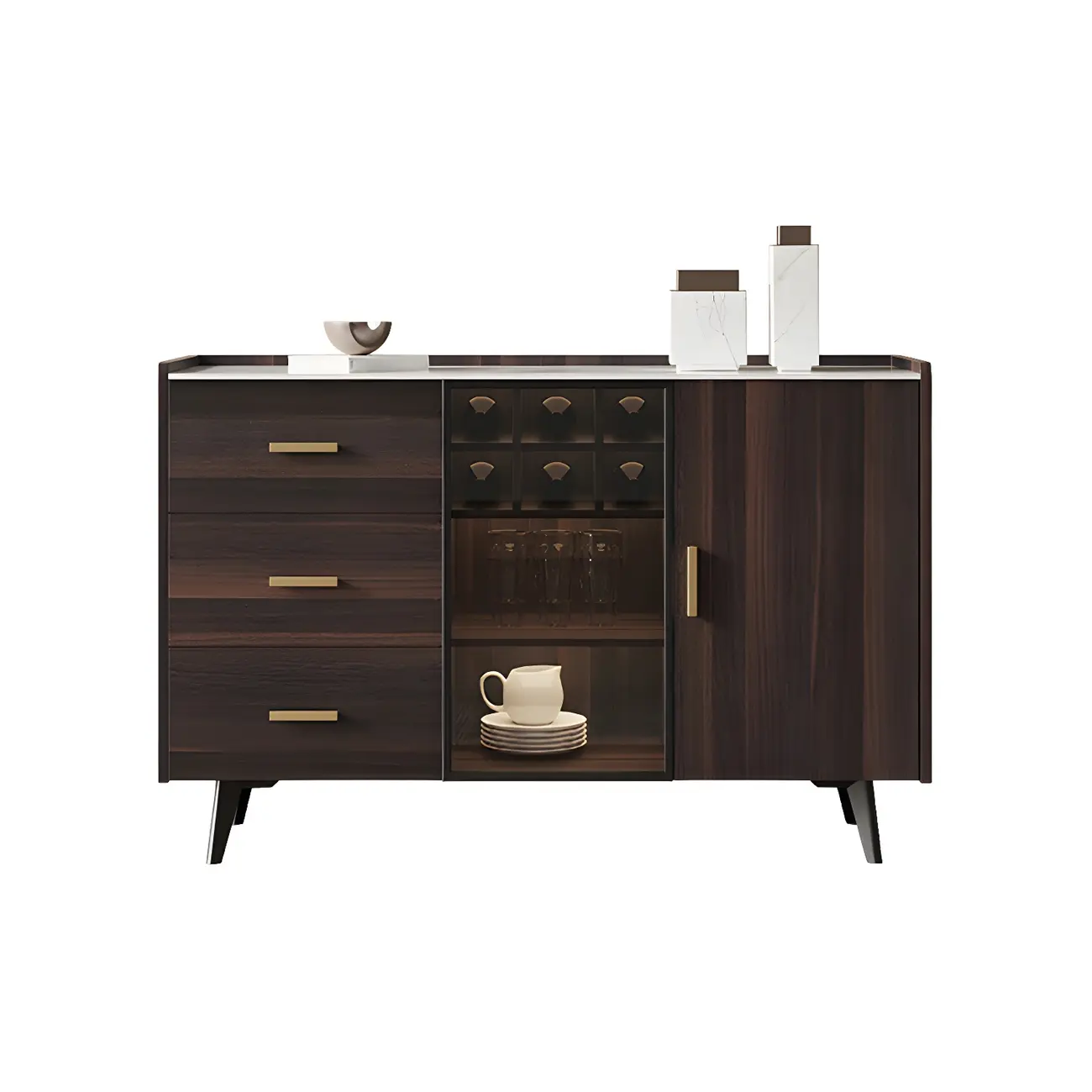 Glam Walnut Wooden Sideboard with Drawers & Cabinets Image - 5 | homeyfad