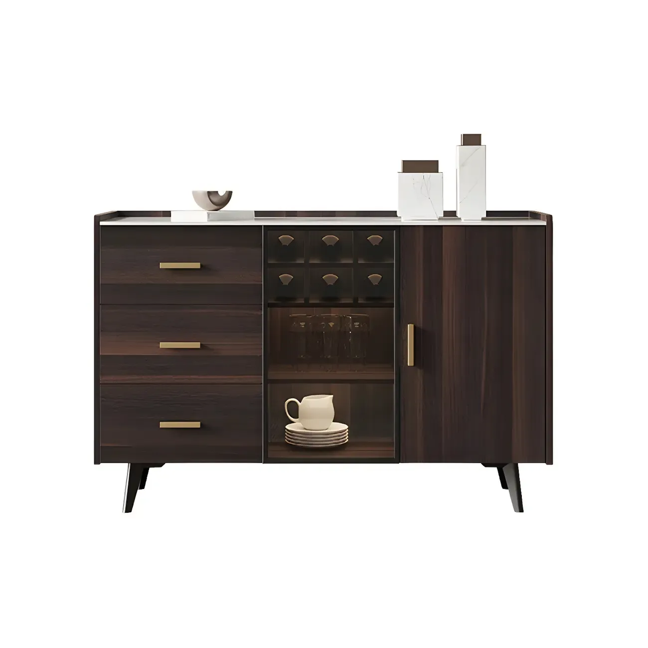 Glam Walnut Wooden Sideboard with Drawers & Cabinets Image - 5