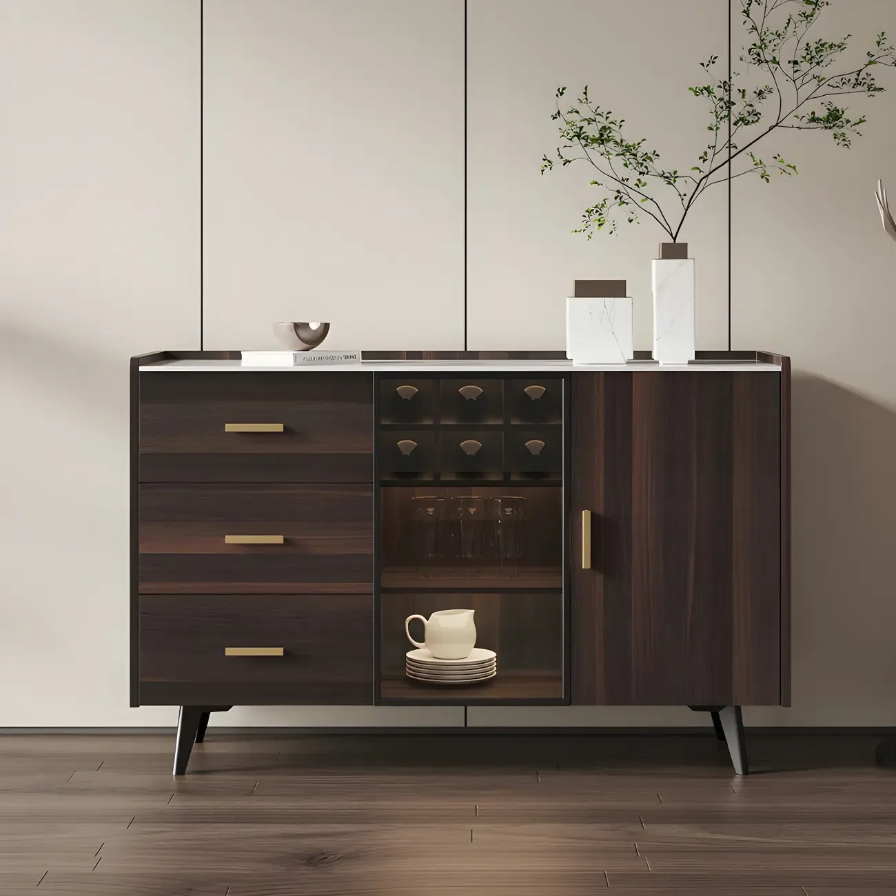Glam Walnut Wooden Sideboard with Drawers & Cabinets Image - 6