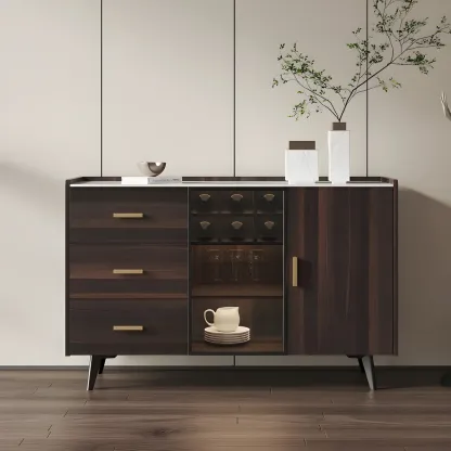 Glam Walnut Wooden Sideboard with Drawers & Cabinets Image - 6