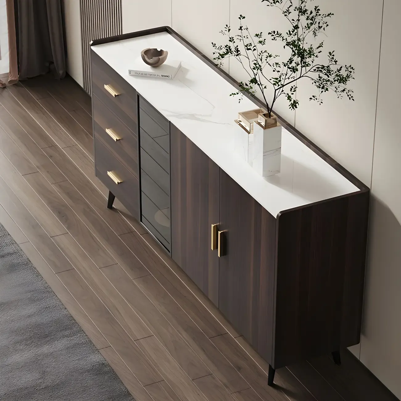 Glam Walnut Wooden Sideboard with Drawers & Cabinets Image - 7