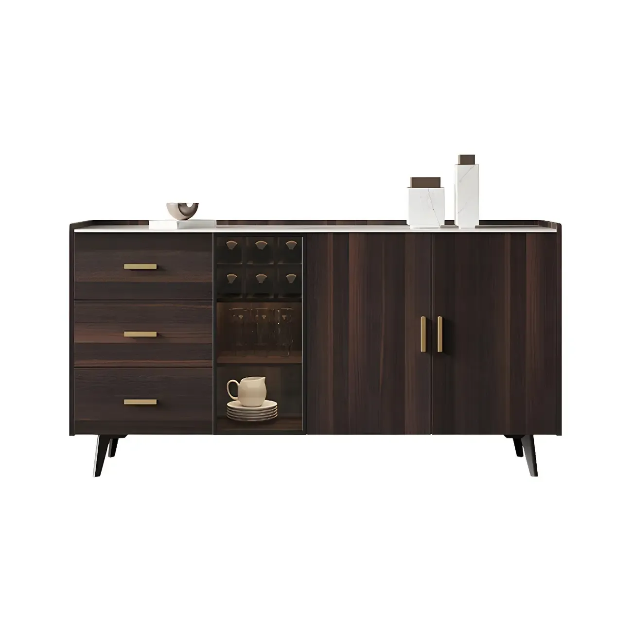 Glam Walnut Wooden Sideboard with Drawers & Cabinets Image - 8