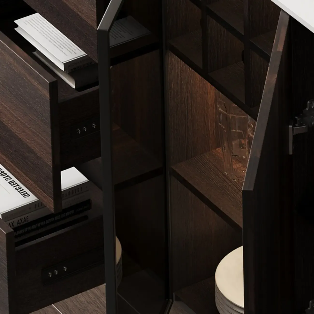 Glam Walnut Wooden Sideboard with Drawers & Cabinets Image - 10