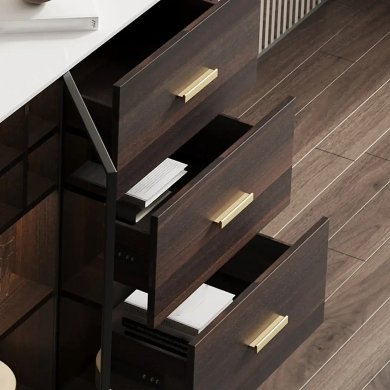 Glam Walnut Wooden Sideboard with Drawers & Cabinets Image - 11