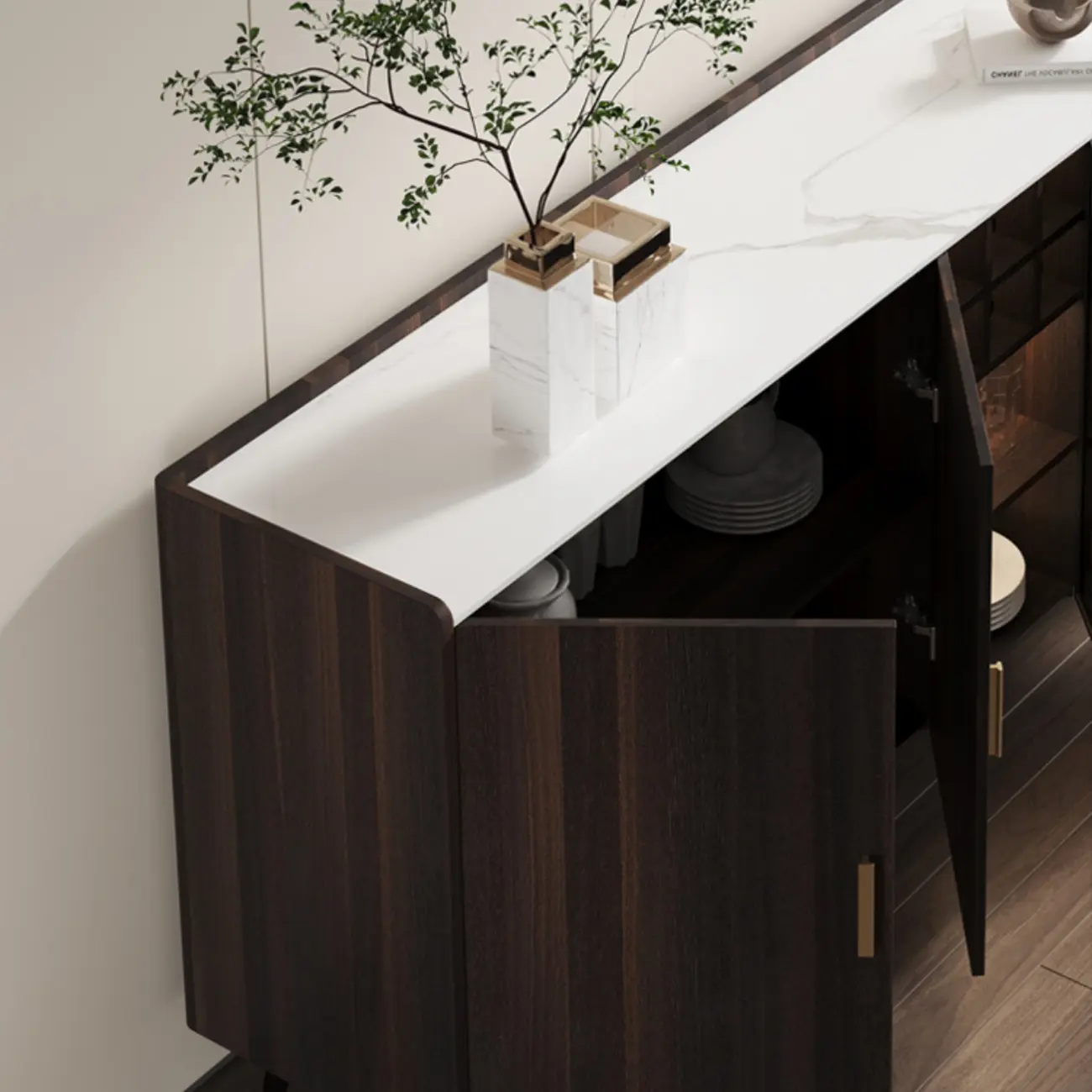 Glam Walnut Wooden Sideboard with Drawers & Cabinets Image - 14 | homeyfad