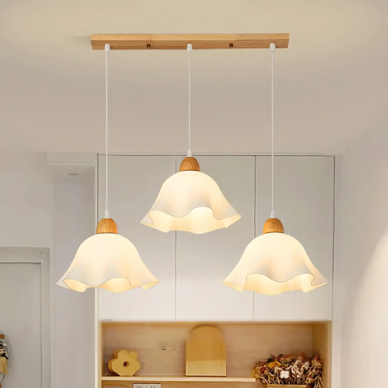 3 Light Milky Glass Floral LED Pendant Light for Dining Room Image - 2