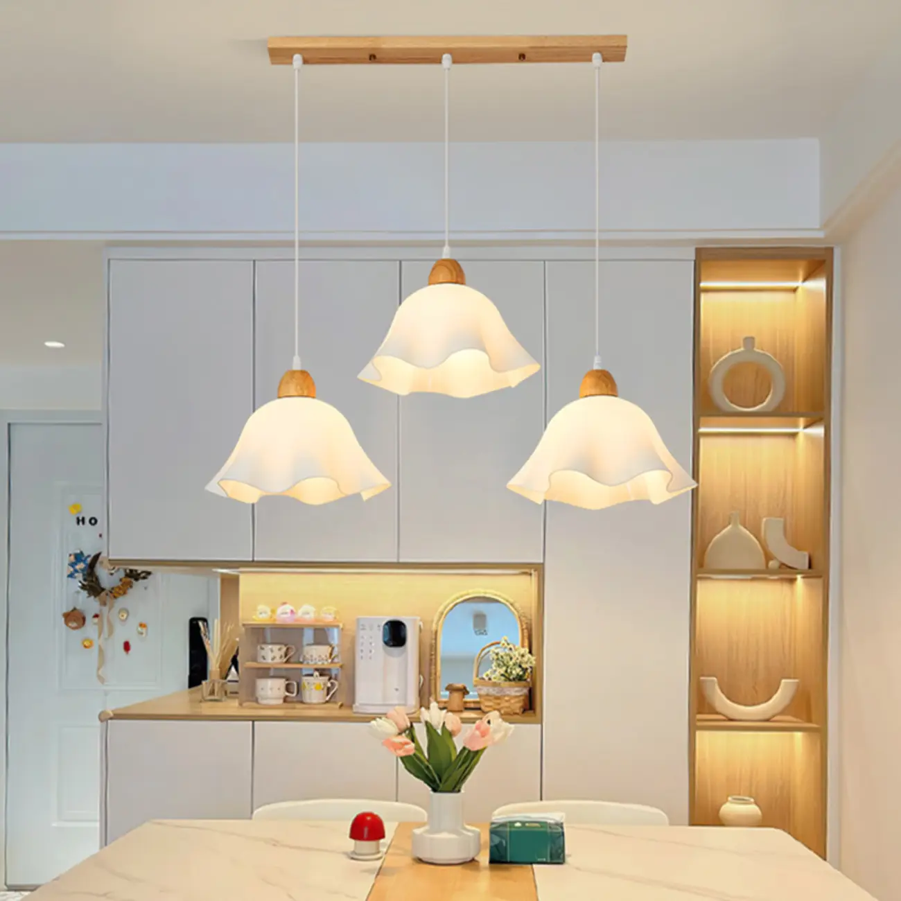 3 Light Milky Glass Floral LED Pendant Light for Dining Room Image - 6 | homeyfad