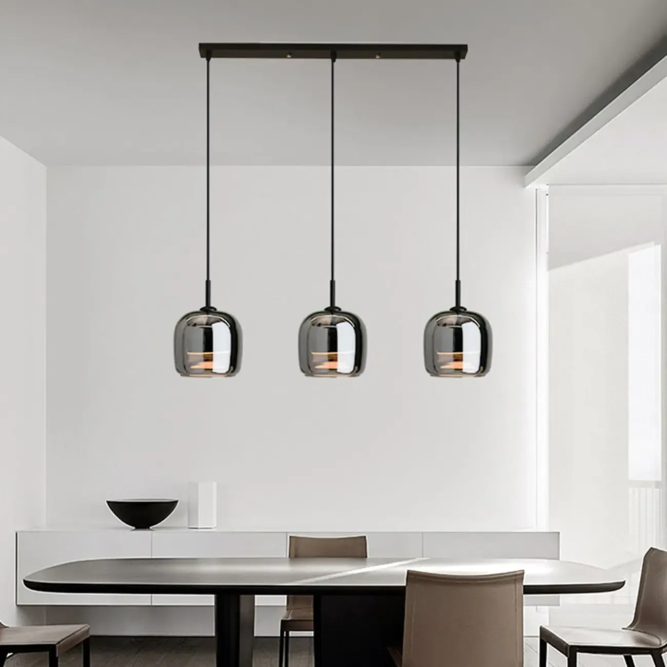 Modern 3 Light Bright Black Glass Jar Pendant Light for Dining Room Image - 1