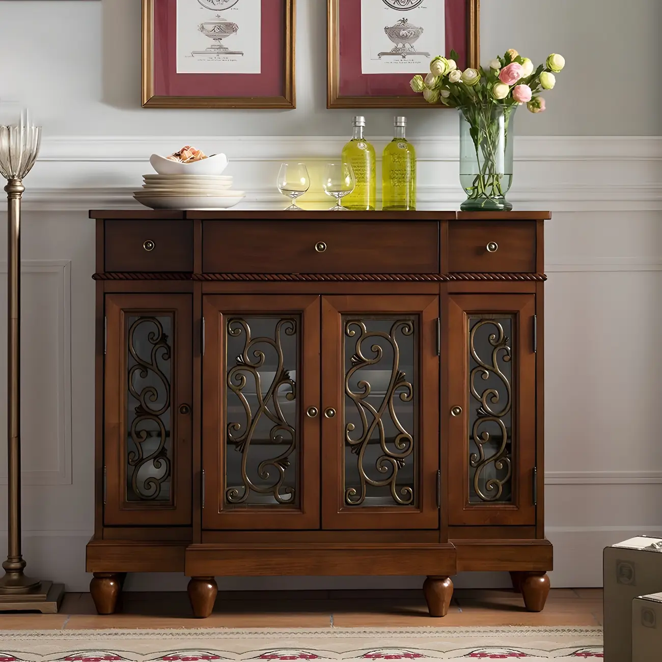 Retro Brown Wooden Sideboard with Glass Doors Image - 1 | homeyfad