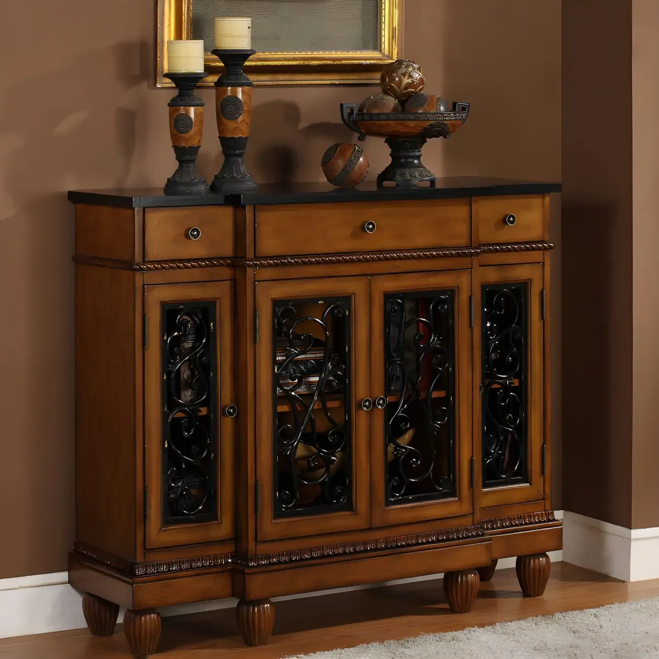 Retro Brown Wooden Sideboard with Glass Doors Image - 3