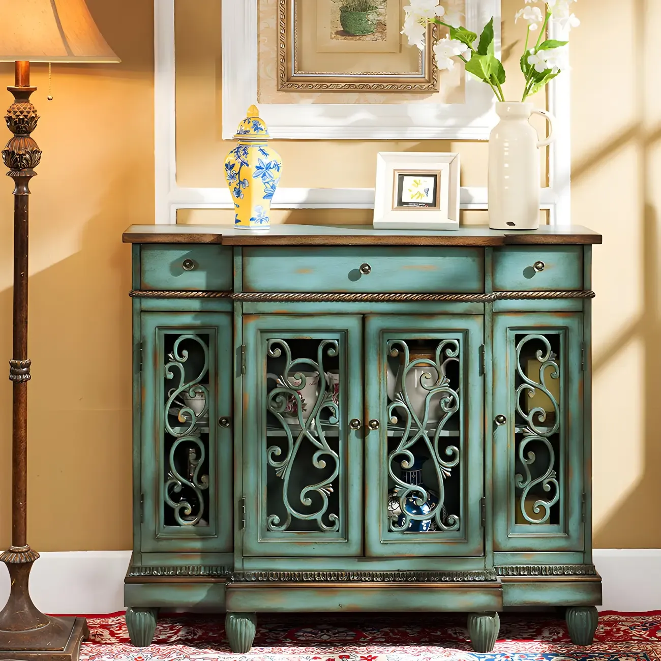 Retro Brown Wooden Sideboard with Glass Doors | HomeyFad