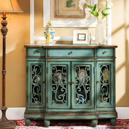 Retro Brown Wooden Sideboard with Glass Doors Image - 4
