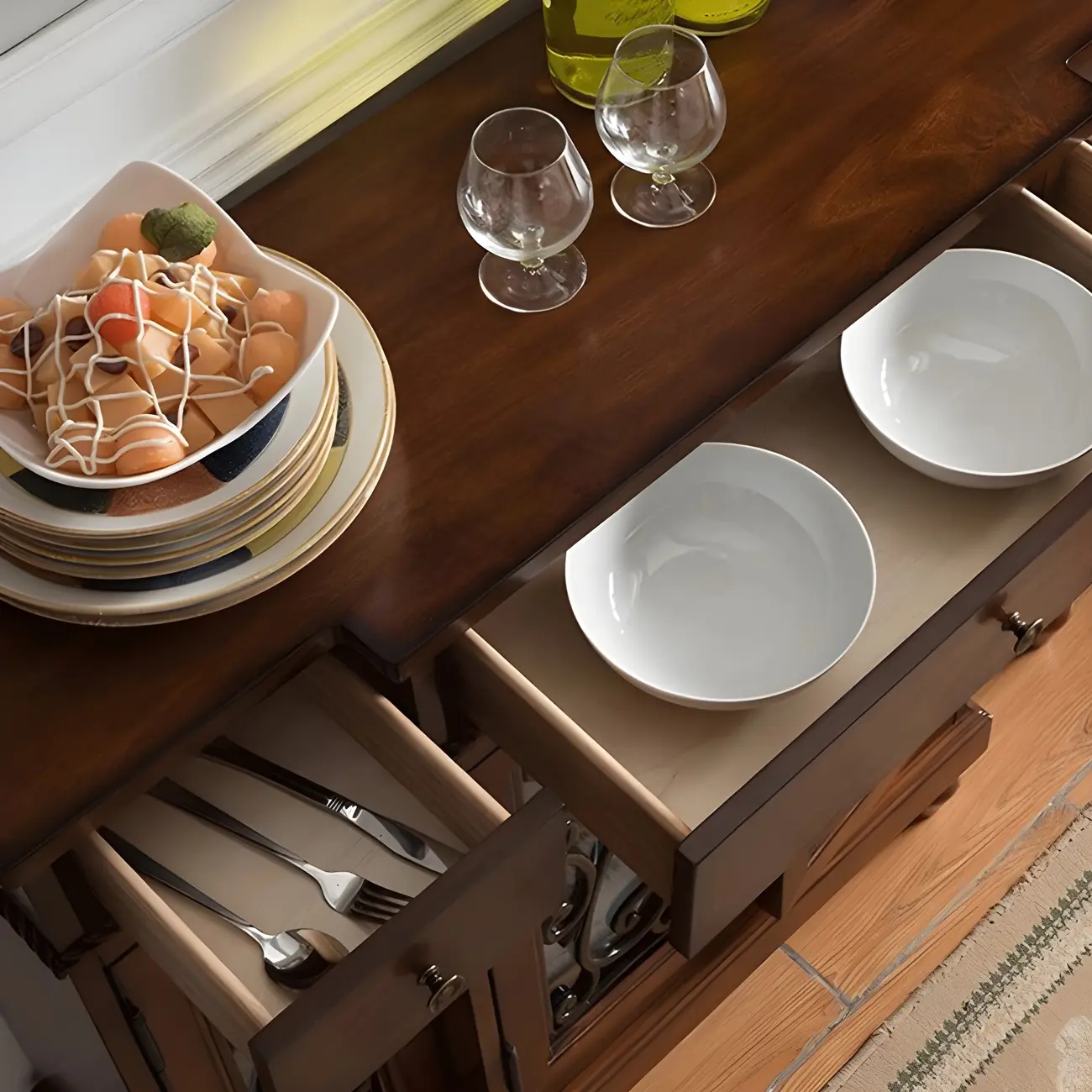 Retro Brown Wooden Sideboard with Glass Doors Image - 9 | homeyfad