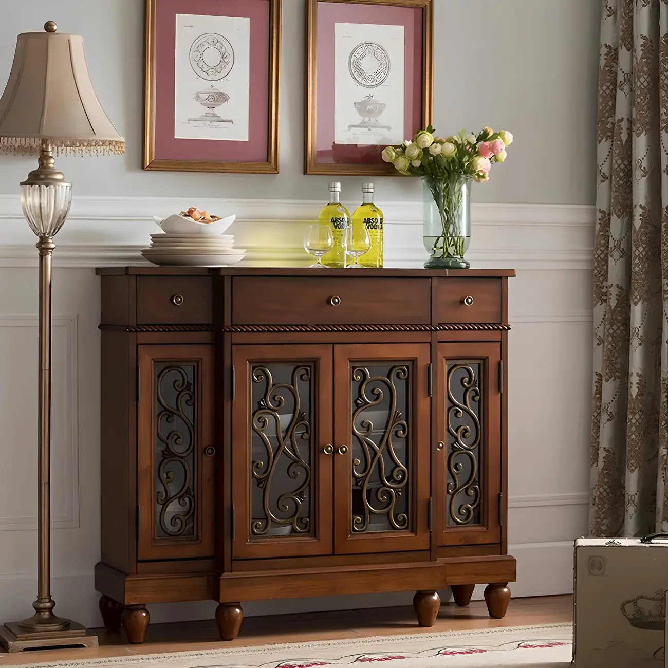 Retro Brown Wooden Sideboard with Glass Doors Image - 10 | homeyfad