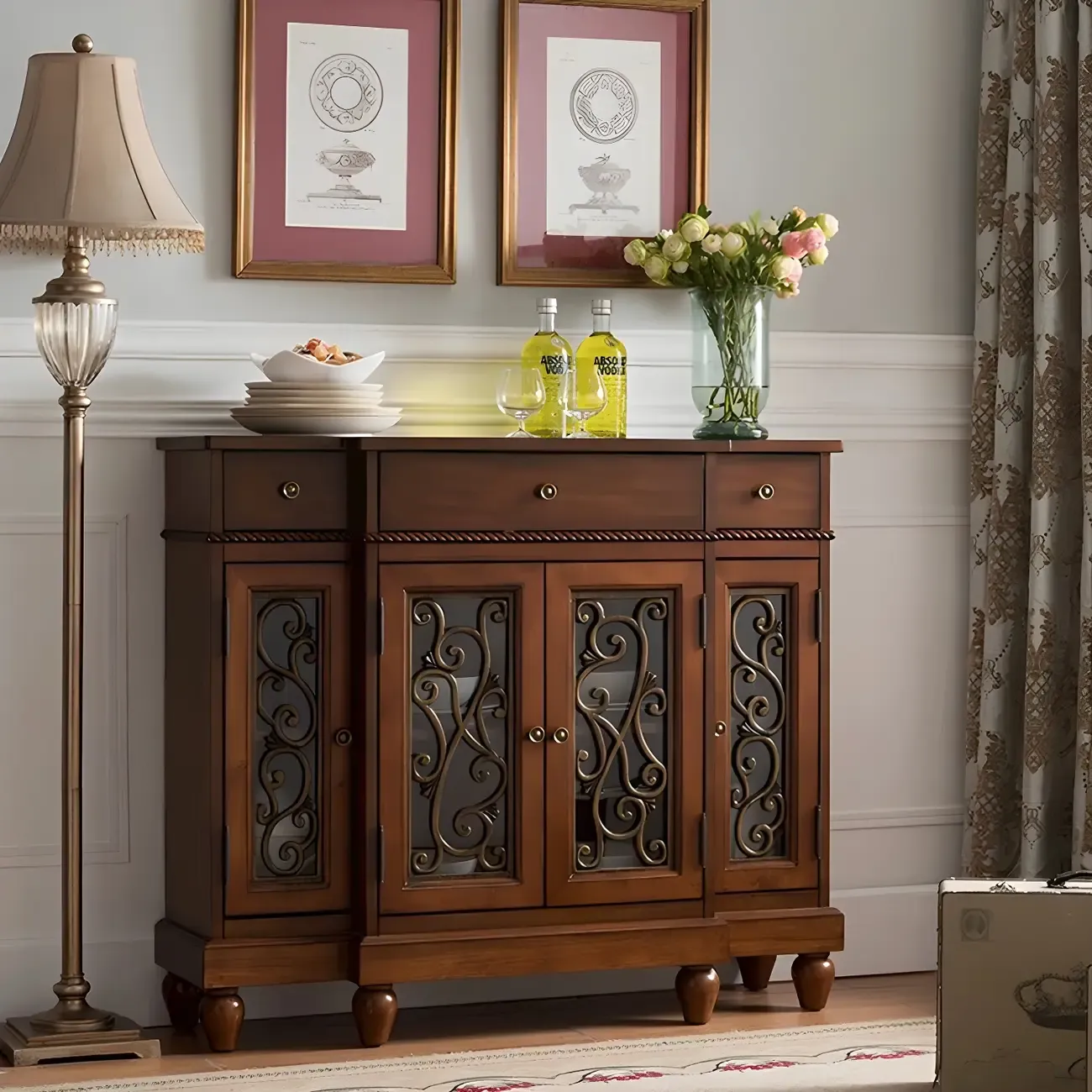 Retro Brown Wooden Sideboard with Glass Doors Image - 10