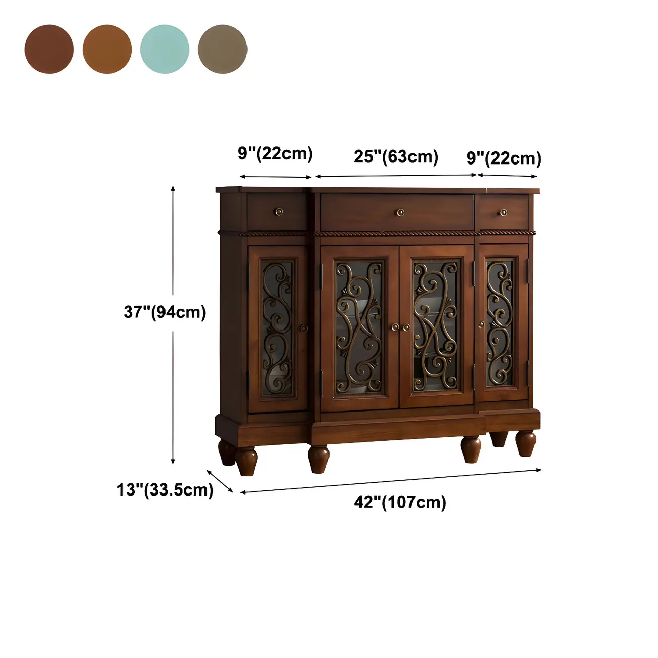 Retro Brown Wooden Sideboard with Glass Doors #size