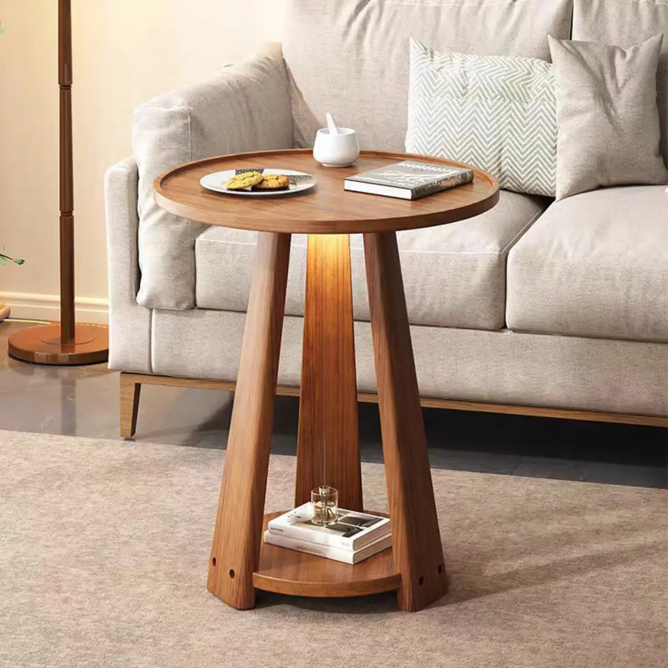 Tray Top Round Wood End Table with Storage for Living Room Image - 1 | homeyfad