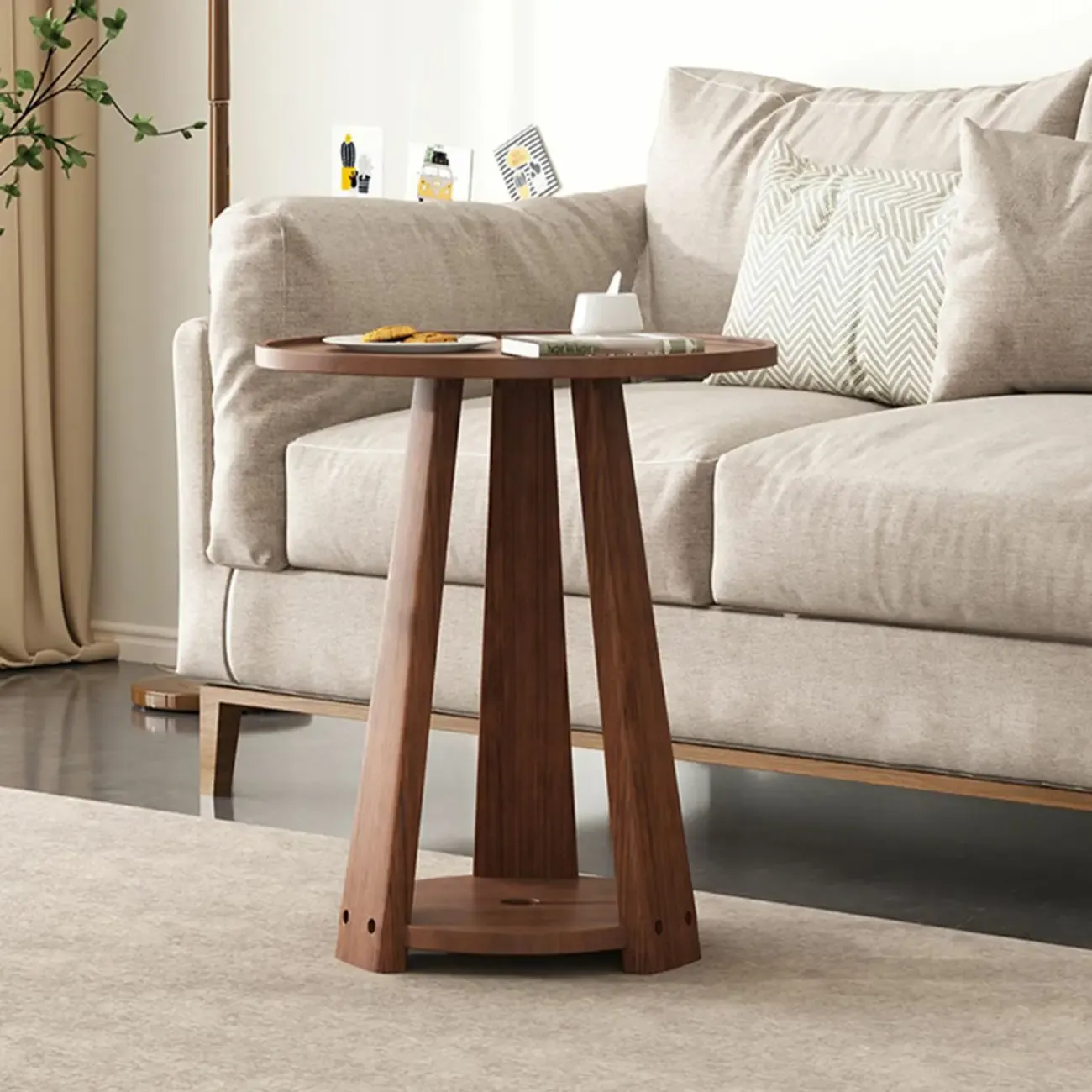 Tray Top Round Wood End Table with Storage for Living Room Image - 2