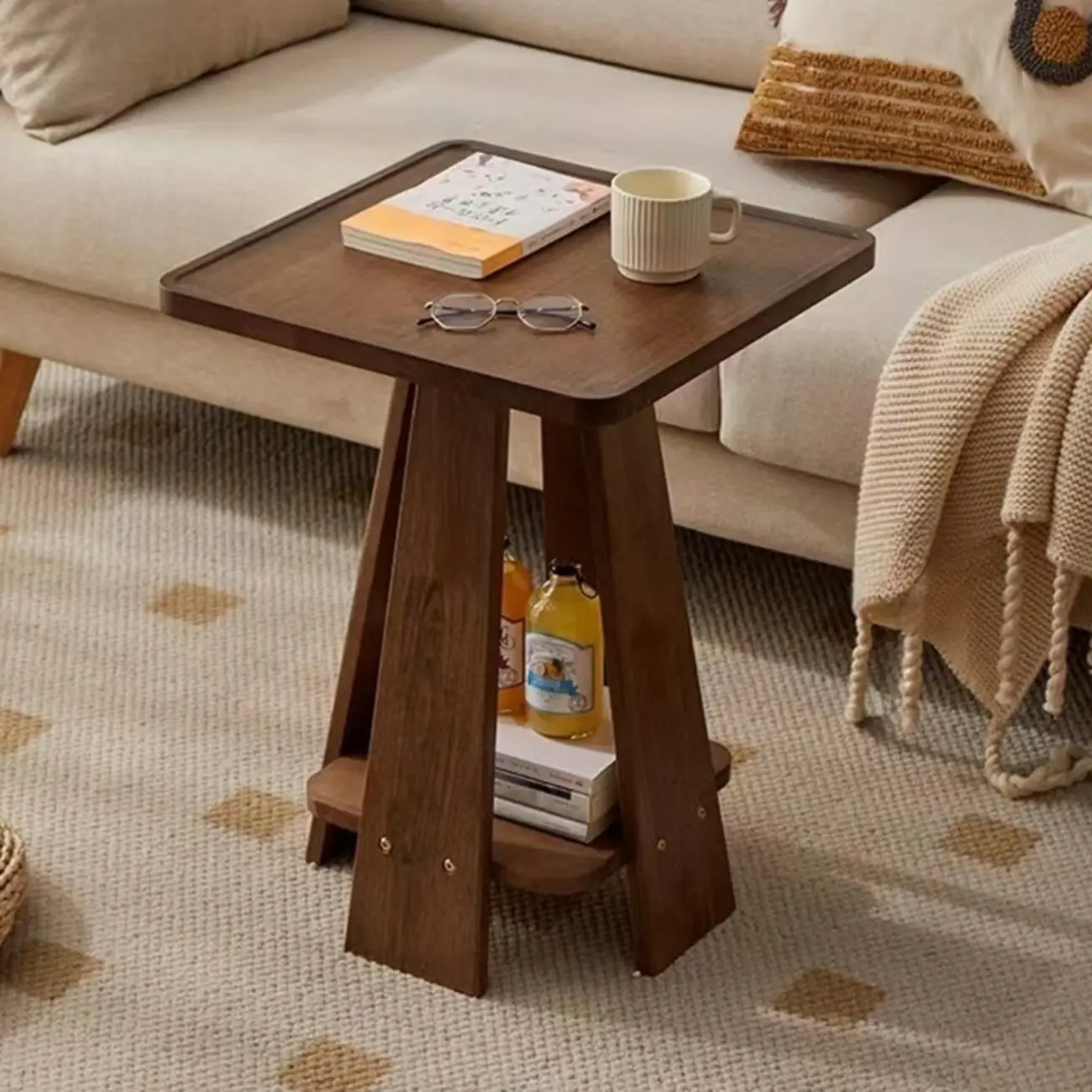 Tray Top Round Wood End Table with Storage for Living Room Image - 3 | homeyfad