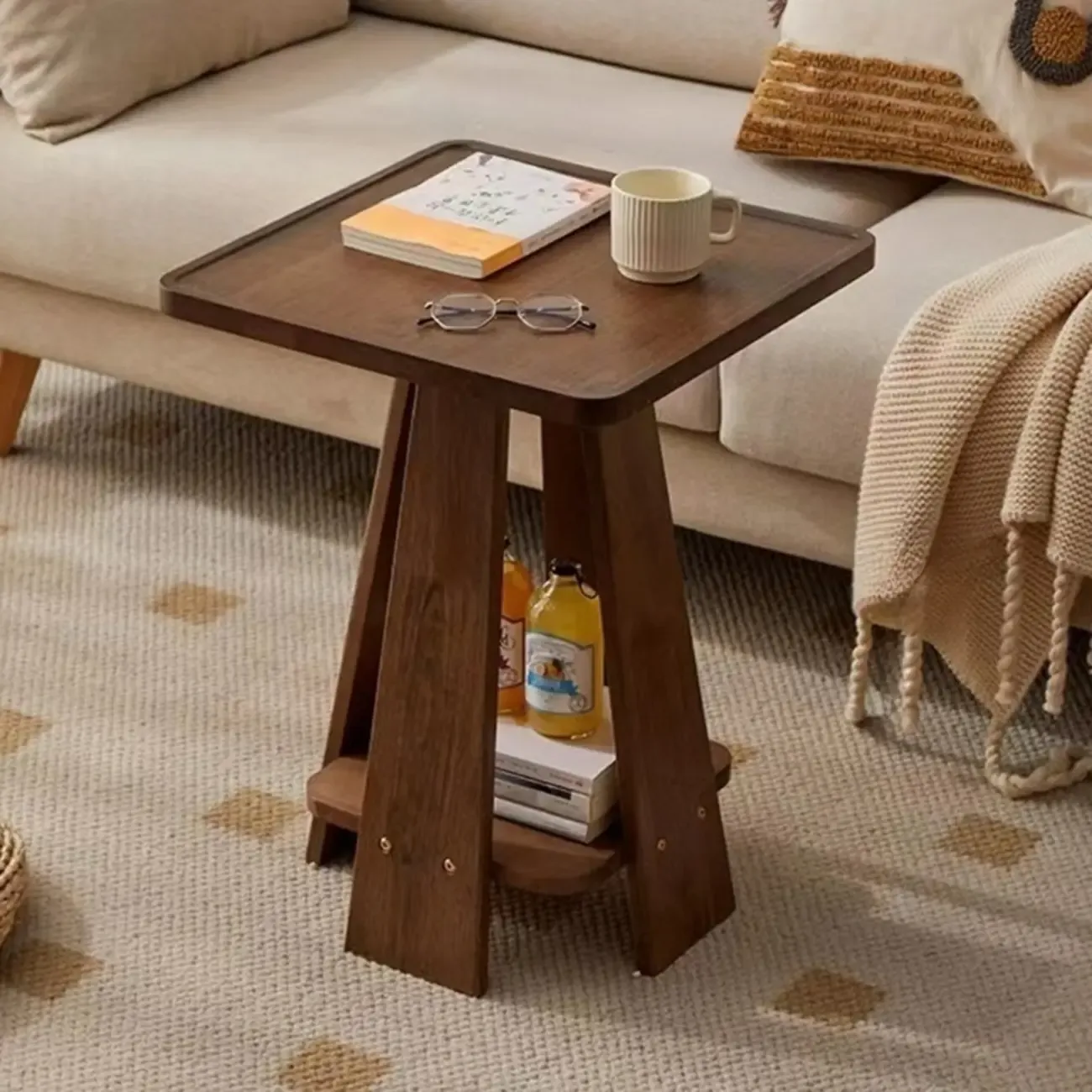 Tray Top Round Wood End Table with Storage for Living Room Image - 3