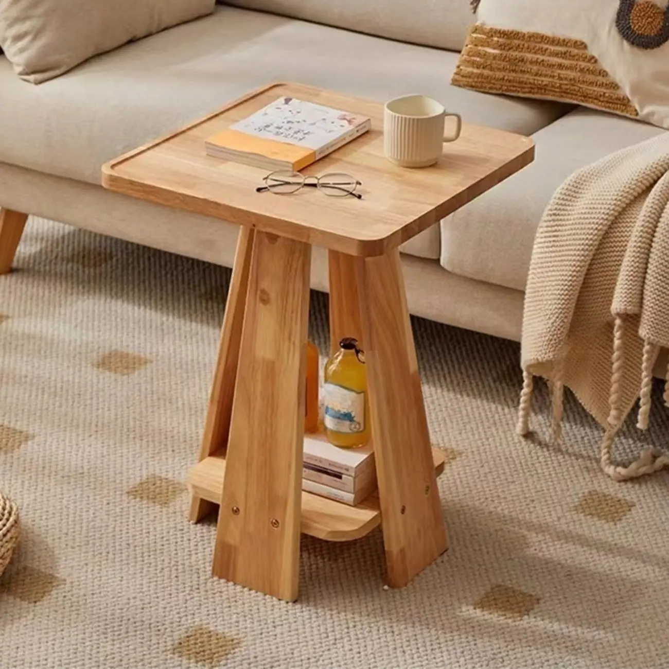 Tray Top Round Wood End Table with Storage for Living Room Image - 4 | homeyfad