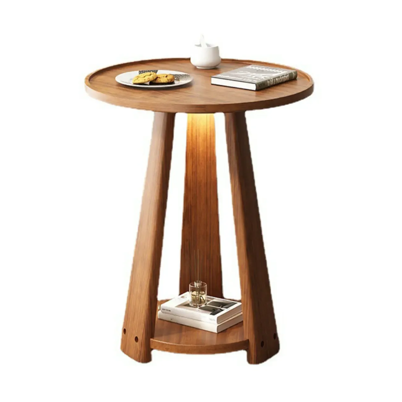 Tray Top Round Wood End Table with Storage for Living Room Image - 5