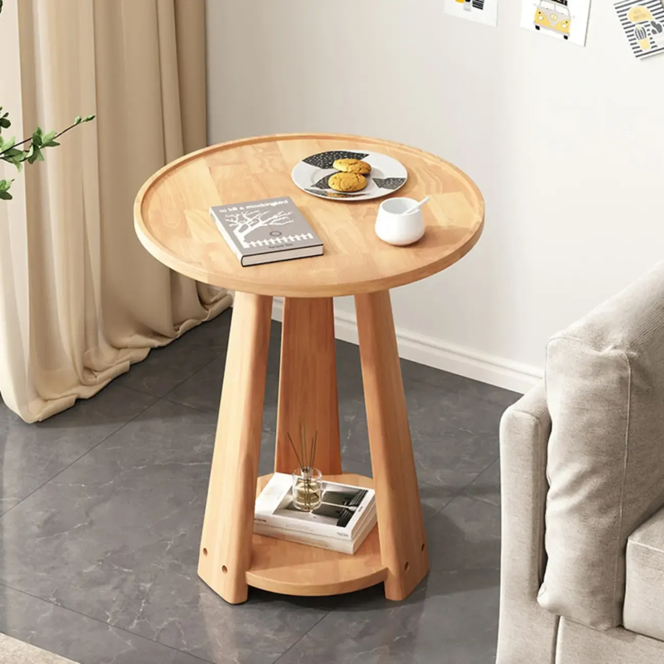Tray Top Round Wood End Table with Storage for Living Room Image - 7