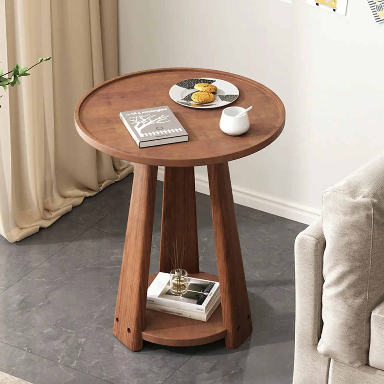 Tray Top Round Wood End Table with Storage for Living Room Image - 8 | homeyfad