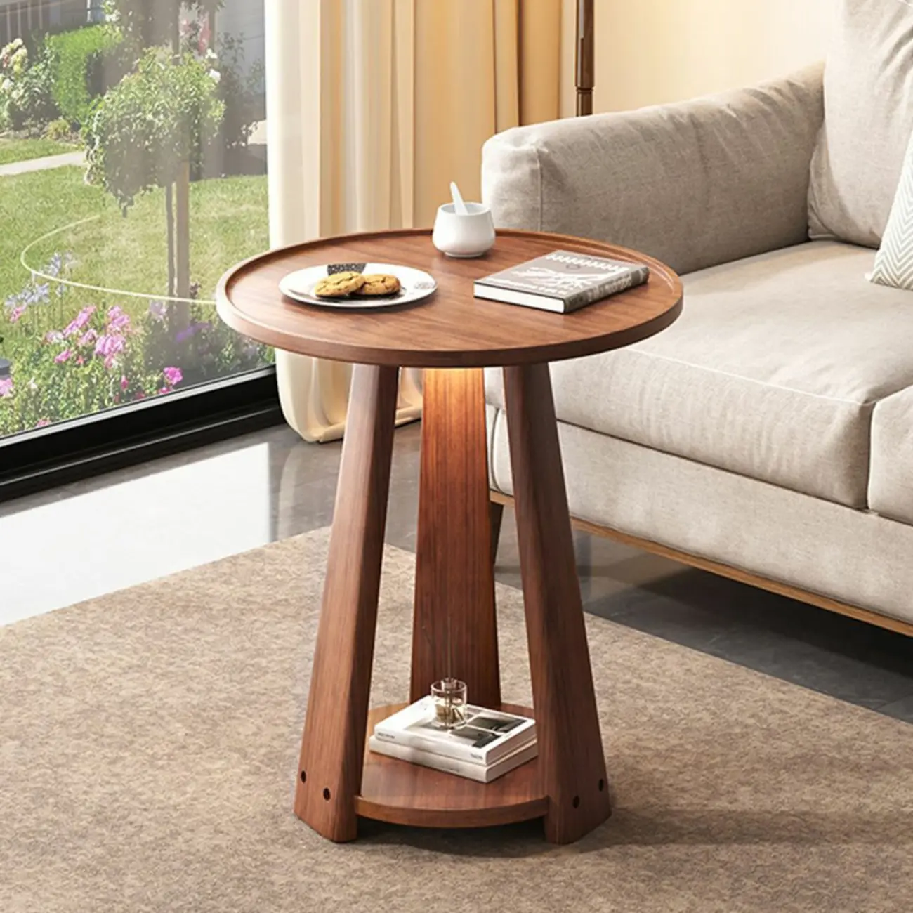 Tray Top Round Wood End Table with Storage for Living Room Image - 9 | homeyfad