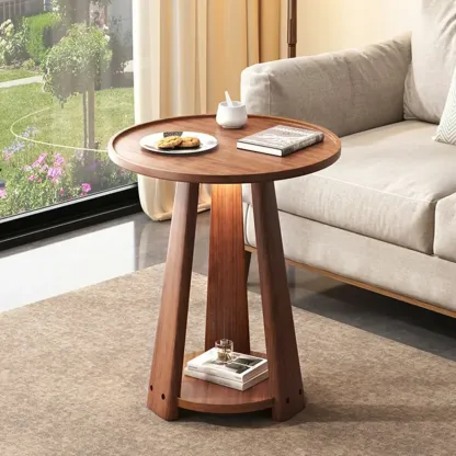 Tray Top Round Wood End Table with Storage for Living Room Image - 9