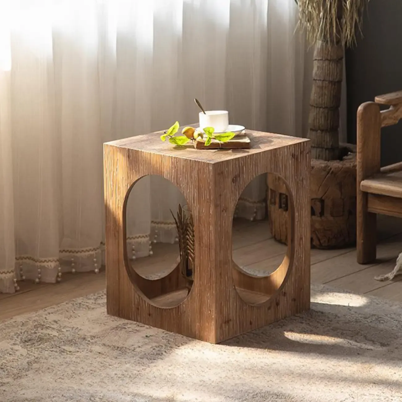 Natural Finish Square Rustic Wood End Table for Decor Image - 3