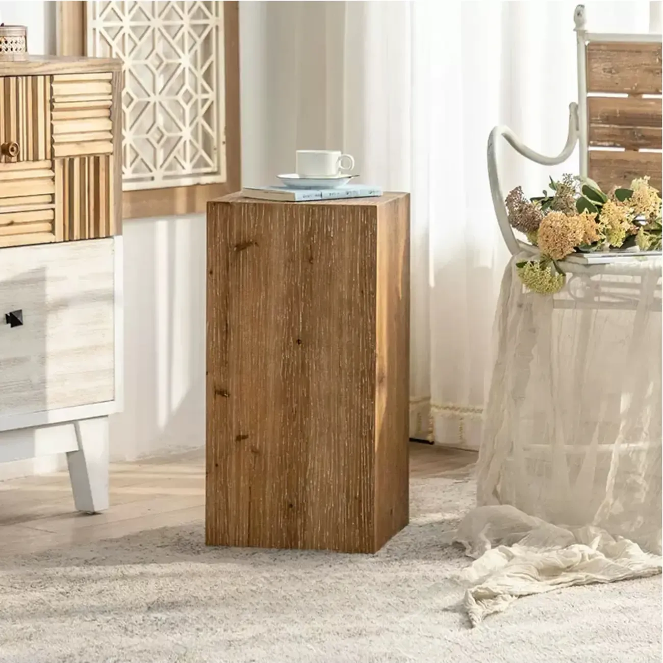 Natural Finish Square Rustic Wood End Table for Decor Image - 5