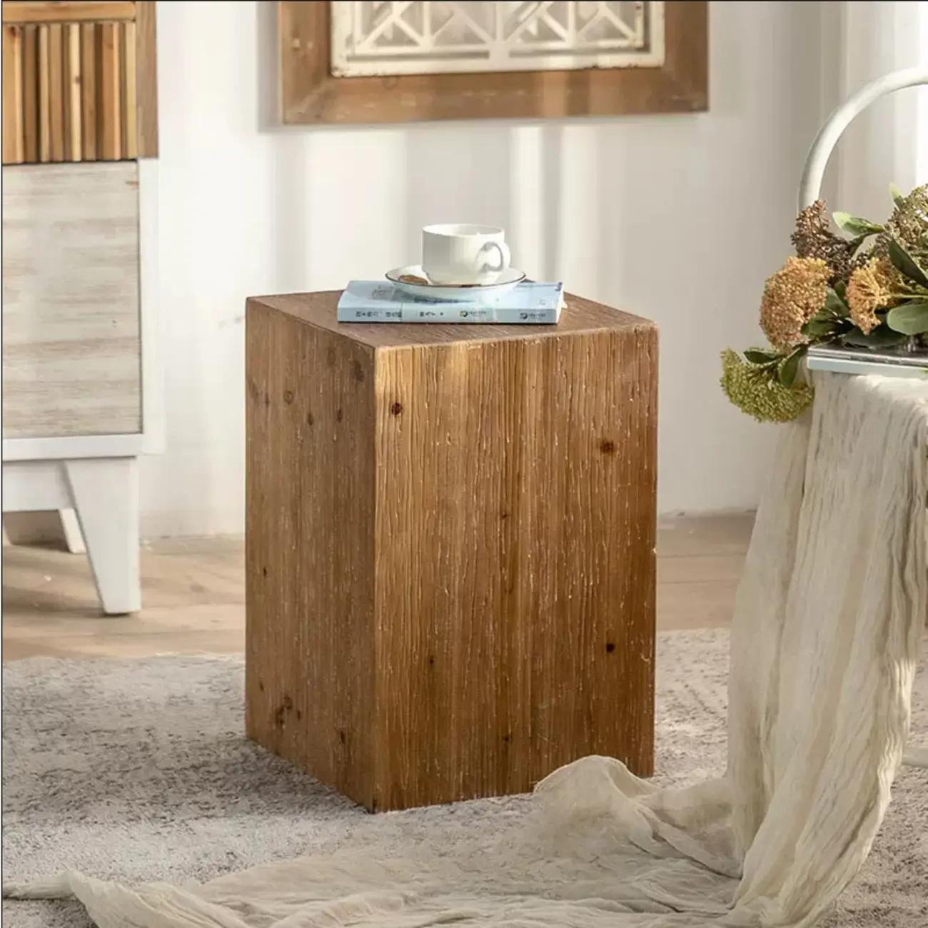 Natural Finish Square Rustic Wood End Table for Decor Image - 7 | homeyfad