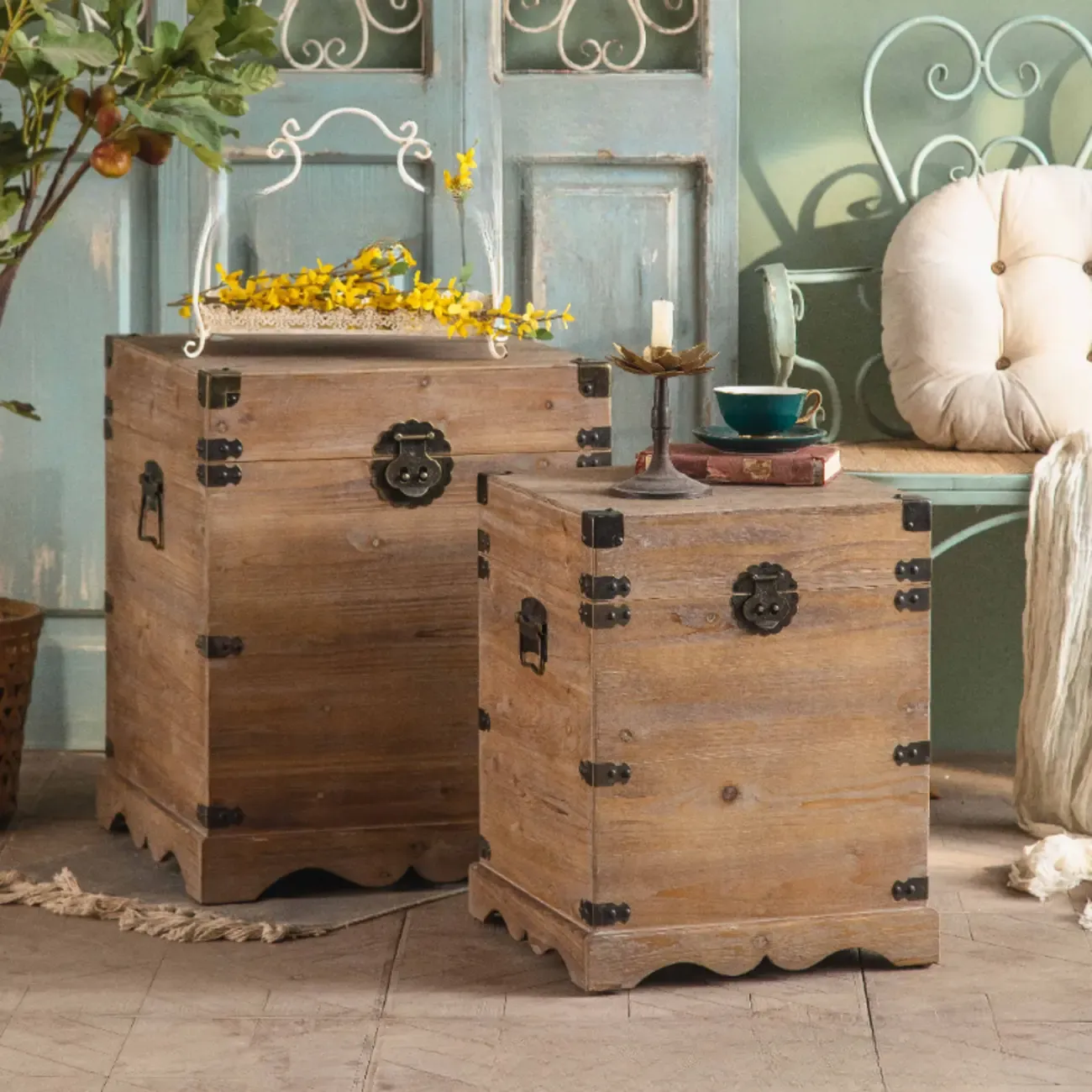 Natural Finish Square Rustic Wood End Table for Decor Image - 11