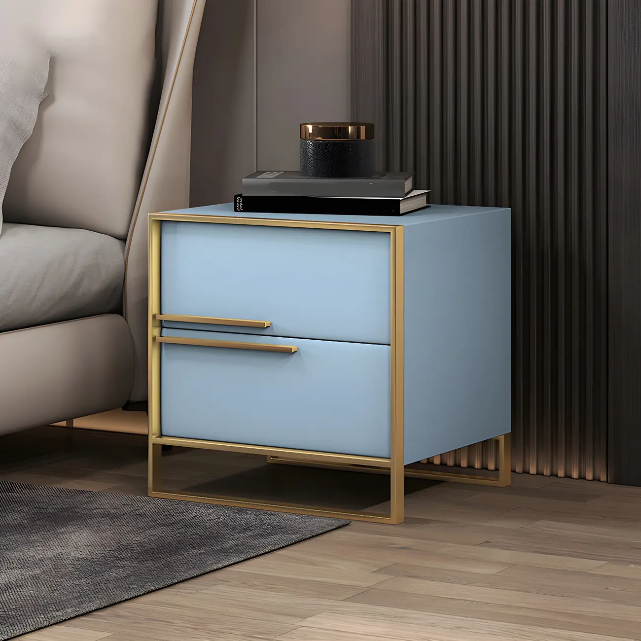 Glam Blue Nightstand with 2 Drawers Metal Legs Image - 1 | homeyfad