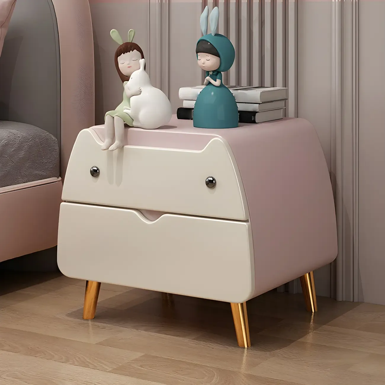 Cute Cat Shape Scandinavian Nightstand in Pink with 2 Drawers Image - 1