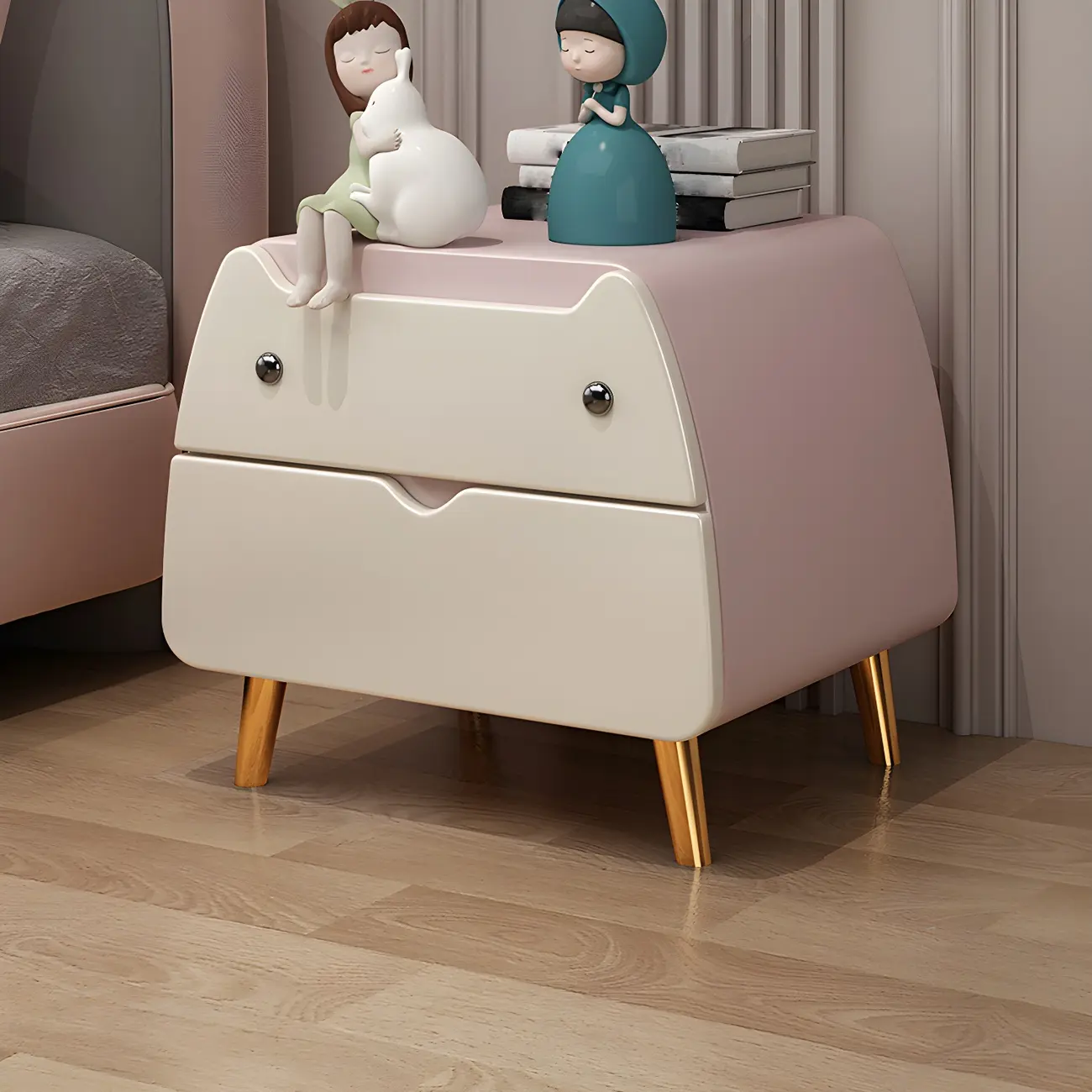 Cute Cat Shape Scandinavian Nightstand in Pink with 2 Drawers Image - 4 | homeyfad