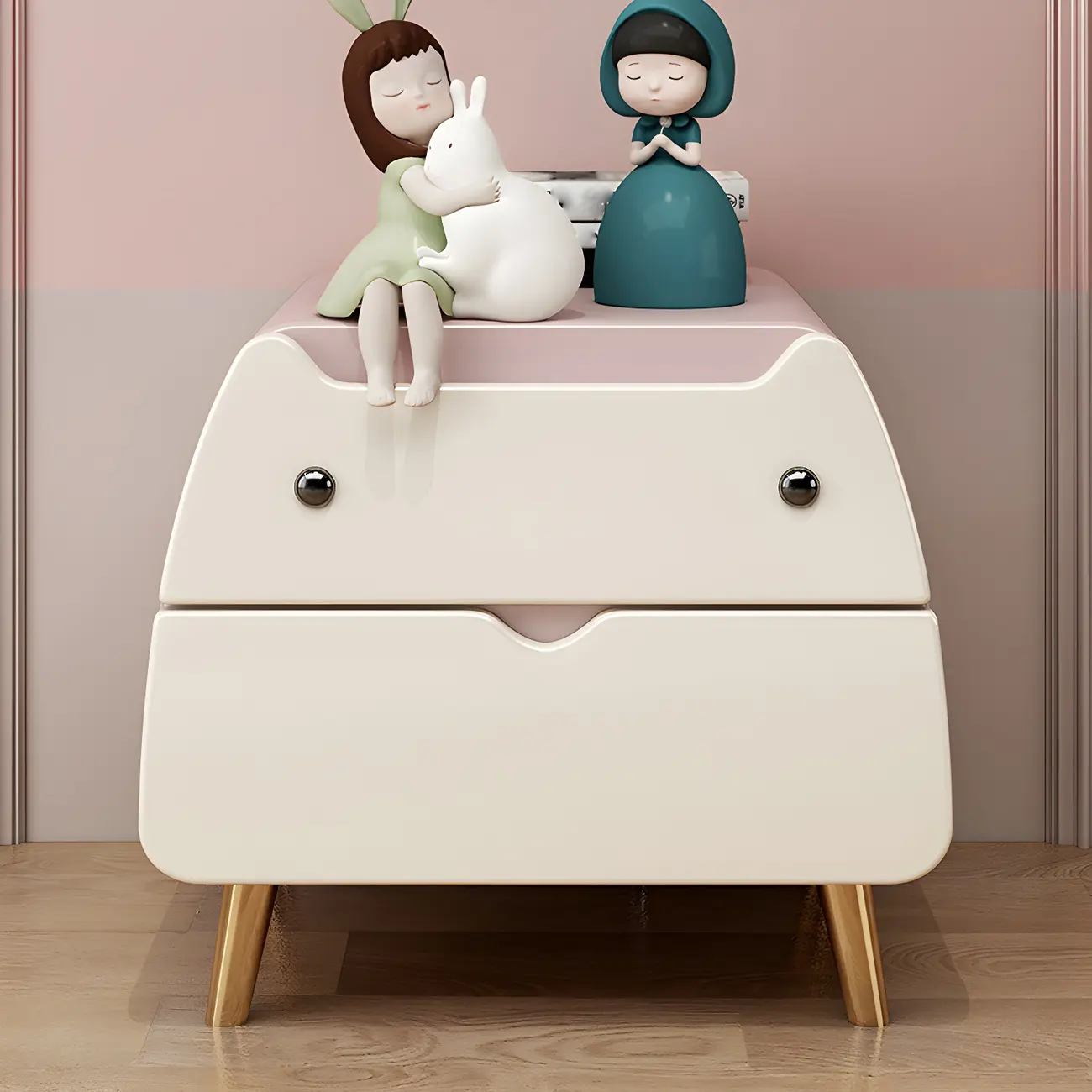 Cute Cat Shape Scandinavian Nightstand in Pink with 2 Drawers Image - 5 | homeyfad